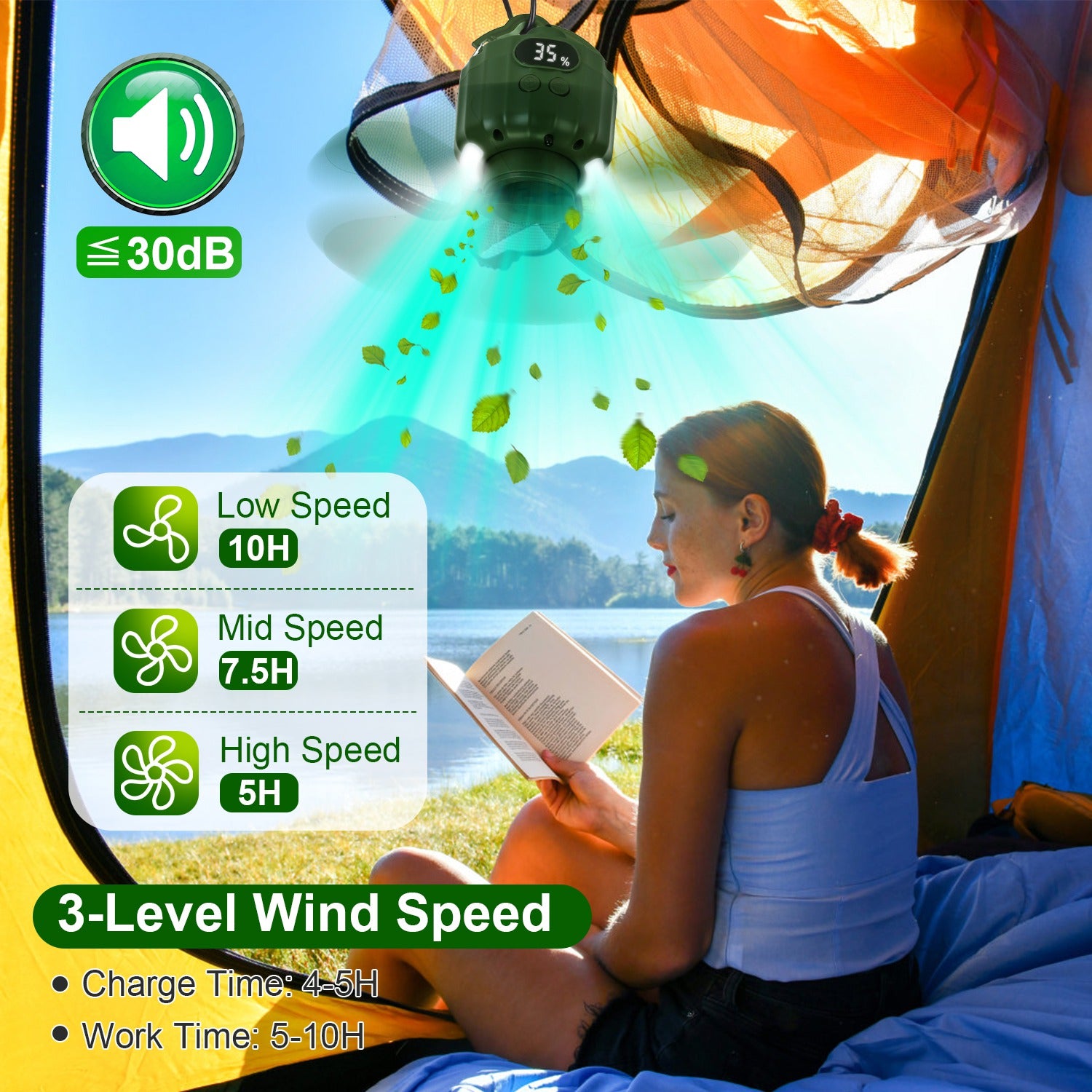 5200mAh Or 10400mAh Options -- 1Pc Portable Camping Ceiling LED Fan  USB Battery Powered Hanging Tent Lantern Fan Power Bank With 3 Fan Speed 3 Light Brightness Smart Timer Remote Control