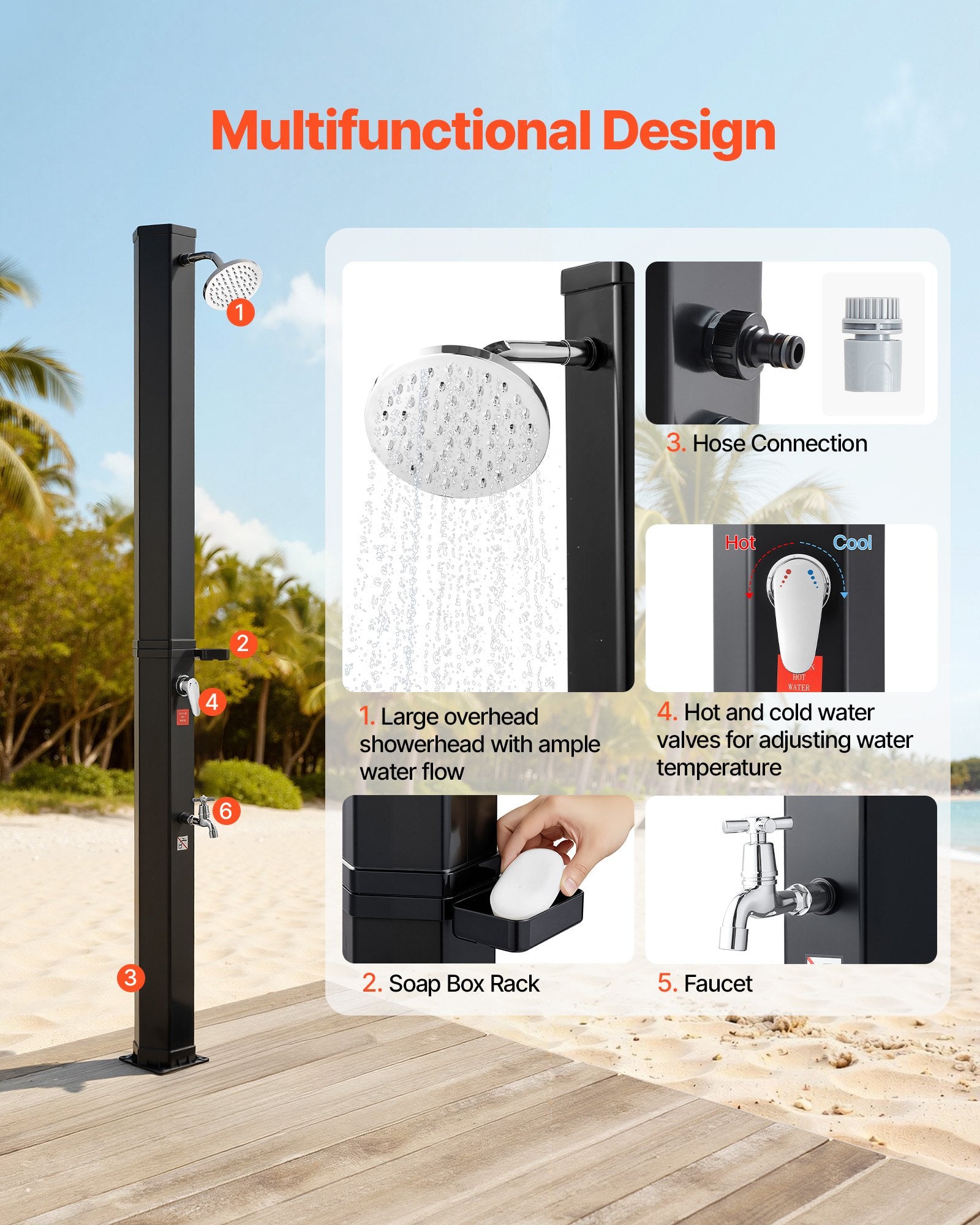 9.2 Gal Solar Heated Shower, 6.4ft Showerhead Height Outdoor Shower, With Foot Faucet & Soap Box Rack, Hot & Cold Water Adjustment, Freestanding For Backyard Poolside Beach Pool,Black