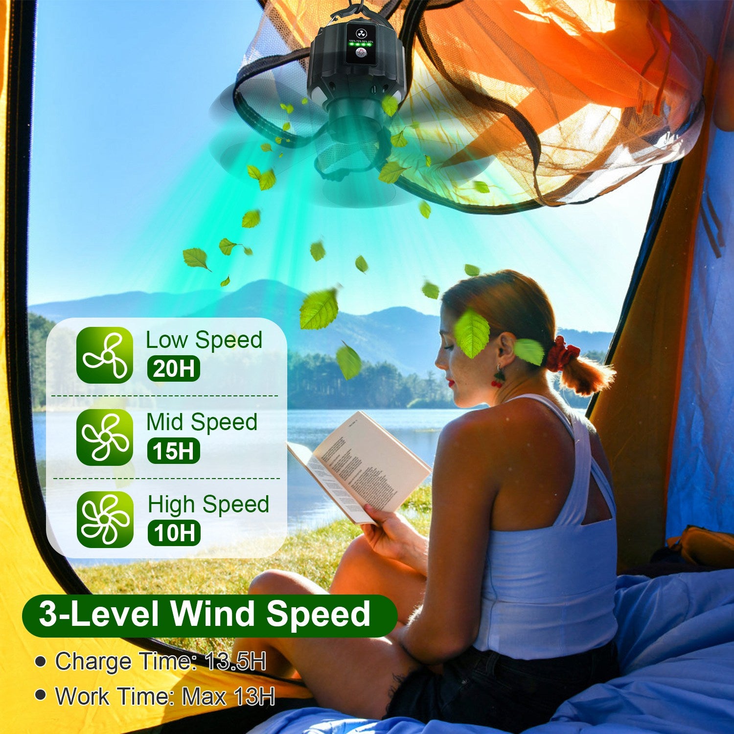 5200mAh Or 10400mAh Options -- 1Pc Portable Camping Ceiling LED Fan  USB Battery Powered Hanging Tent Lantern Fan Power Bank With 3 Fan Speed 3 Light Brightness Smart Timer Remote Control