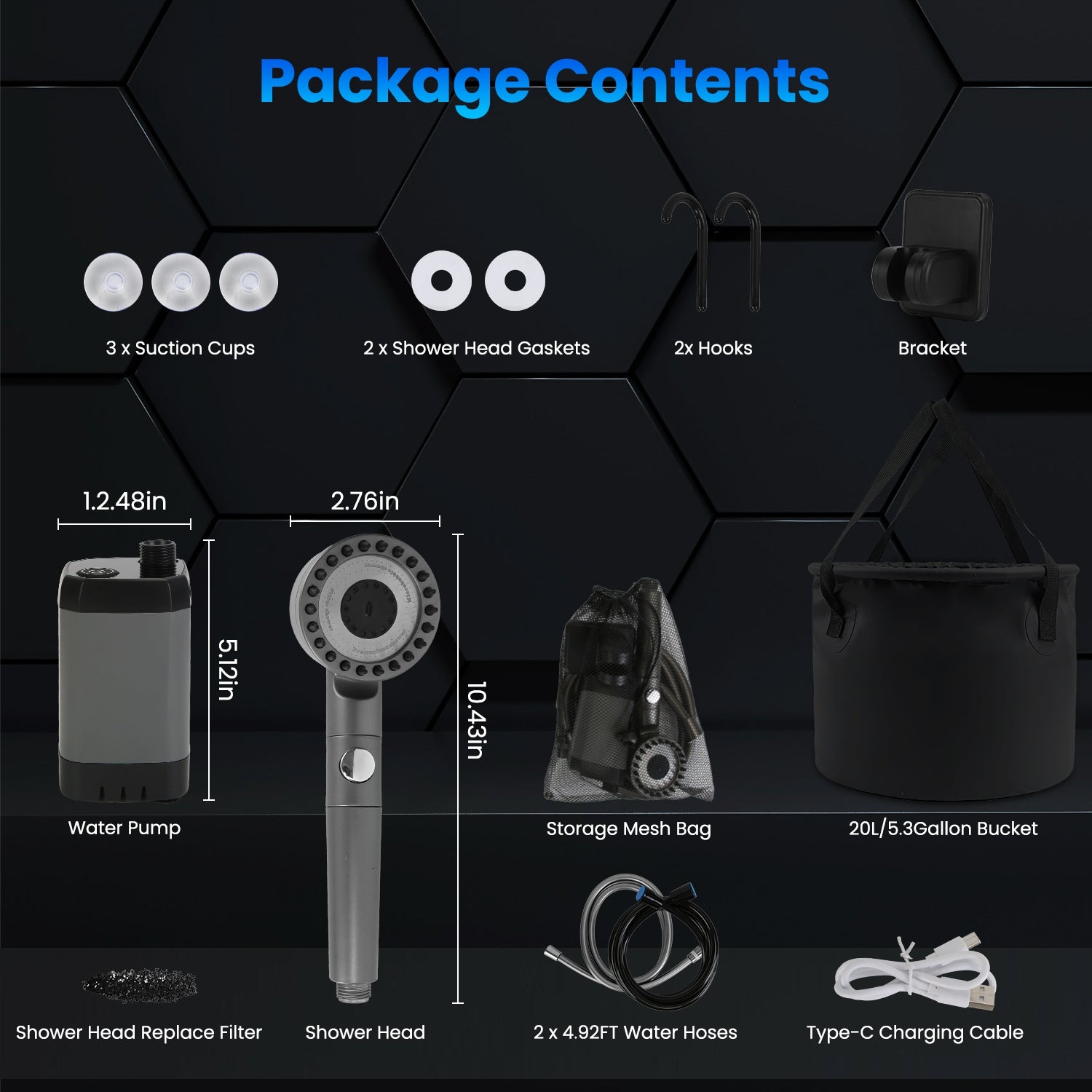 1Pc Portable Shower For Camping Include IPX7 Waterproof 6000mAh Rechargeable Shower Filtered Shower Head 5.3Gallon Foldable Bucket For Hiking Beach Travel Car Pet