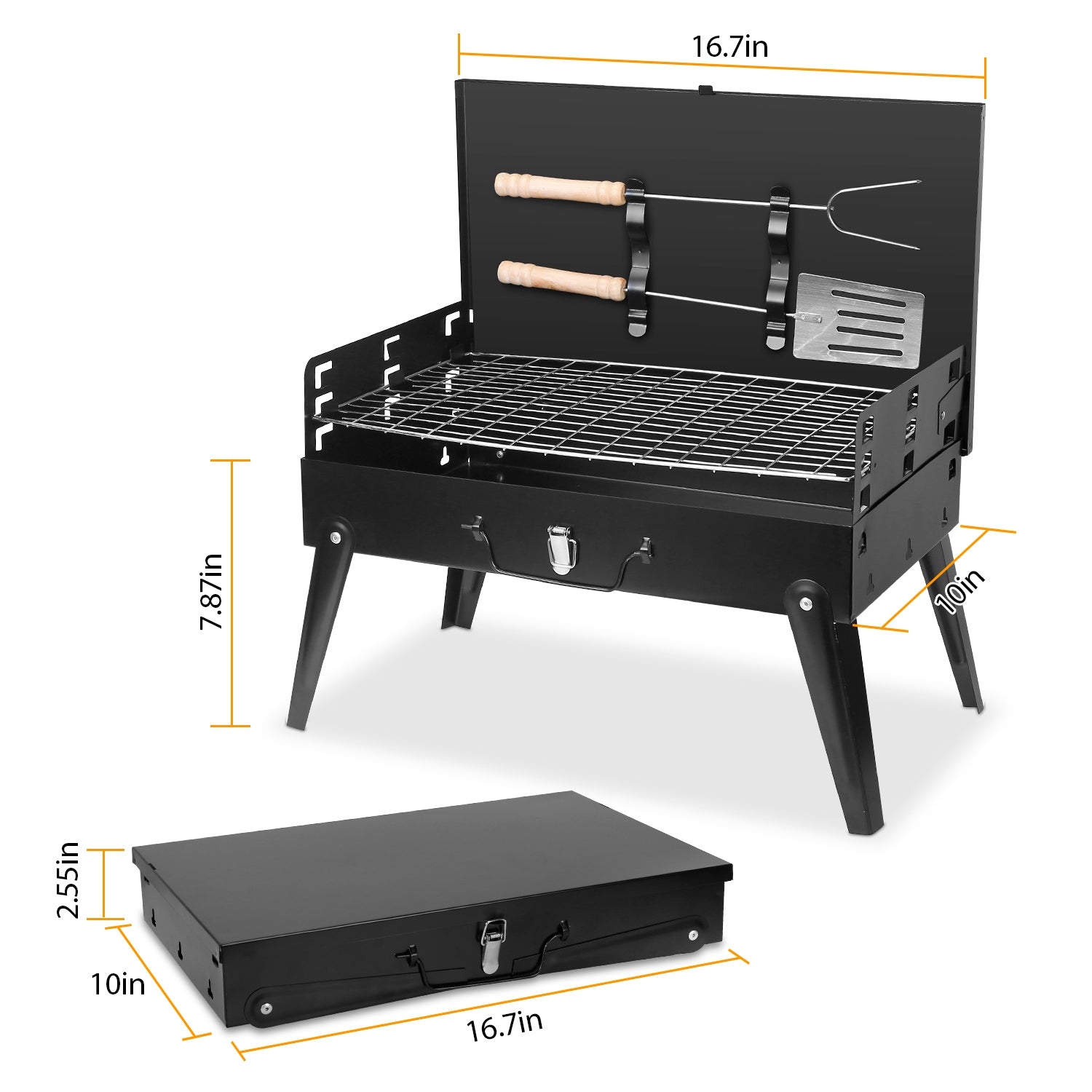 1Pc 16.7x10x17.7in Portable Charcoal Grill For Spring Summer Outdoor Activities Foldable BBQ Suitcase Grill Shelf For Outdoor Camping Picnics Garden Grilling Fedex Shipping