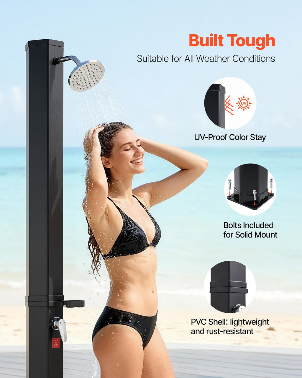 9.2 Gal Solar Heated Shower, 6.4ft Showerhead Height Outdoor Shower, With Foot Faucet & Soap Box Rack, Hot & Cold Water Adjustment, Freestanding For Backyard Poolside Beach Pool,Black