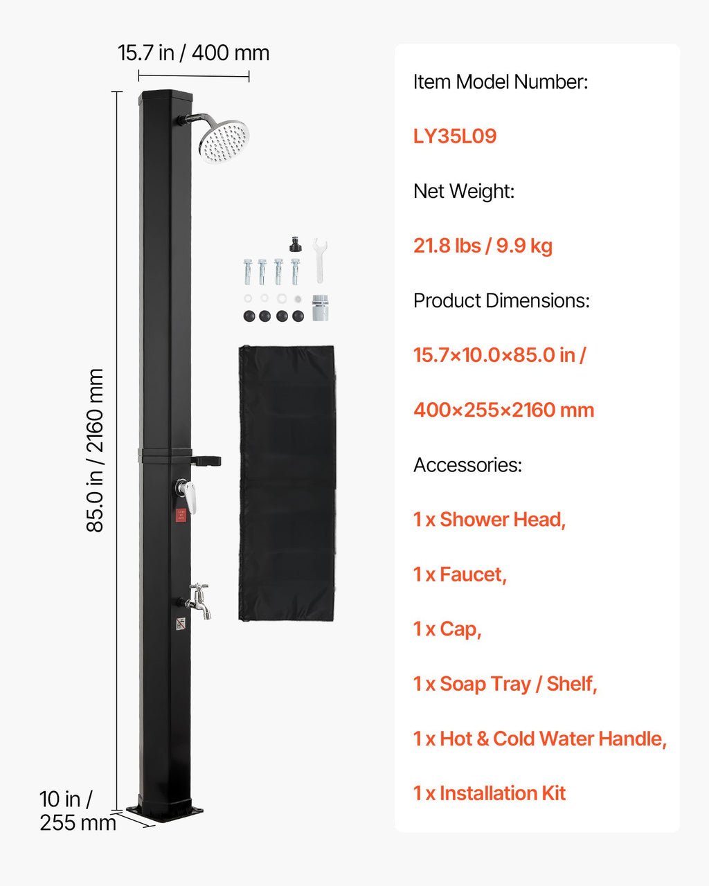 9.2 Gal Solar Heated Shower, 6.4ft Showerhead Height Outdoor Shower, With Foot Faucet & Soap Box Rack, Hot & Cold Water Adjustment, Freestanding For Backyard Poolside Beach Pool,Black