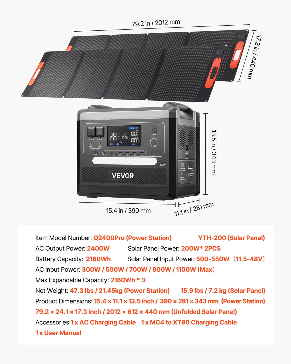 Portable Power Station, 2400W Portable Solar Generator With 2PCS * 200W Foldable Solar Panels, 2160Wh Expandable LiFePO4 Battery Backup With 10 Output Ports For Home Backup Outdoor Camping RV