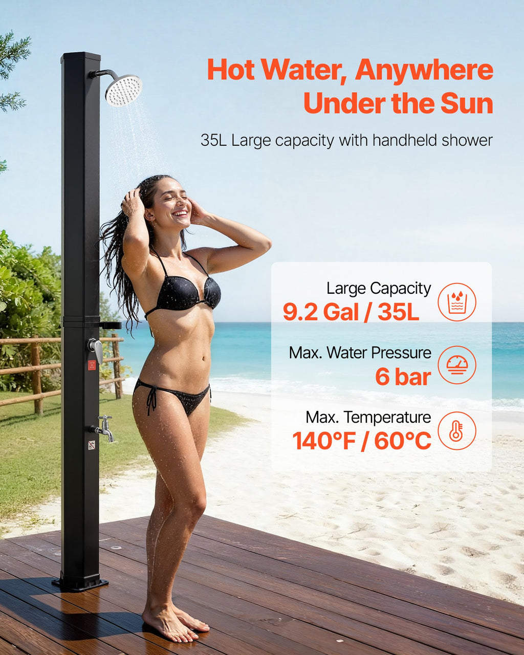 9.2 Gal Solar Heated Shower, 6.4ft Showerhead Height Outdoor Shower, With Foot Faucet & Soap Box Rack, Hot & Cold Water Adjustment, Freestanding For Backyard Poolside Beach Pool,Black