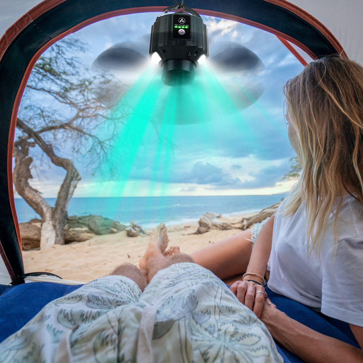 5200mAh Or 10400mAh Options -- 1Pc Portable Camping Ceiling LED Fan  USB Battery Powered Hanging Tent Lantern Fan Power Bank With 3 Fan Speed 3 Light Brightness Smart Timer Remote Control