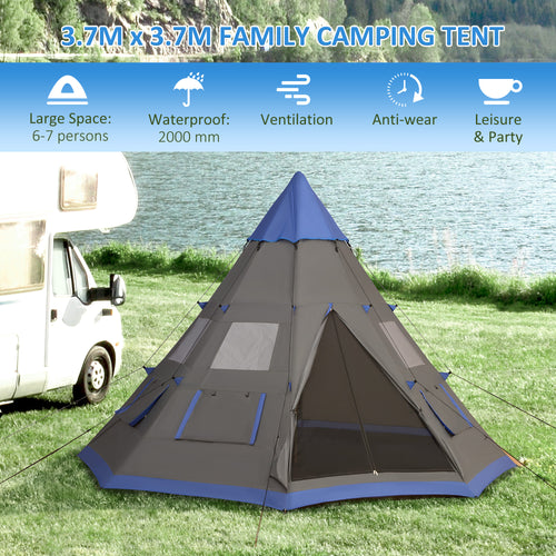 12Ft Camping Tent 6-7 Person 4 Season with 8 Mesh Windows, Outdoor Teepee Tent with Waterproof Material for Family and Friends Camping