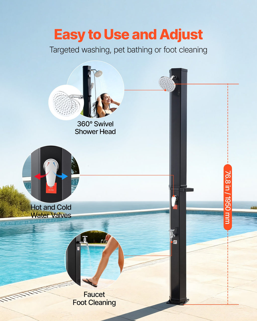9.2 Gal Solar Heated Shower, 6.4ft Showerhead Height Outdoor Shower, With Foot Faucet & Soap Box Rack, Hot & Cold Water Adjustment, Freestanding For Backyard Poolside Beach Pool,Black